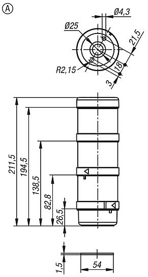 信号塔，LED 绿色、黄色、红色，整套设备直径 70 mm，A 型