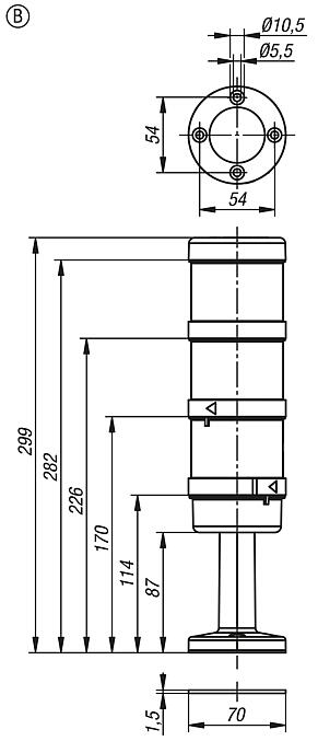 信号塔，LED 绿色、黄色、红色，整套设备直径 70 mm，B 型