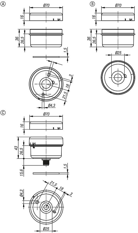 Connecting element, Ø70 mm 
12-230 V AC/DC