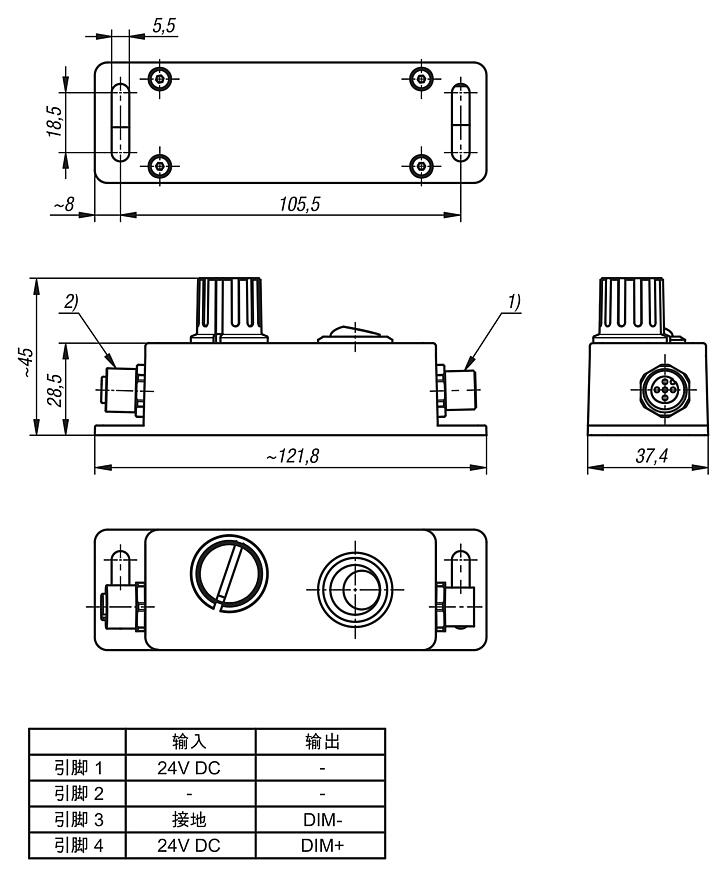 24V DC 调光控制器，带有 M12 插头/插座，A 编码