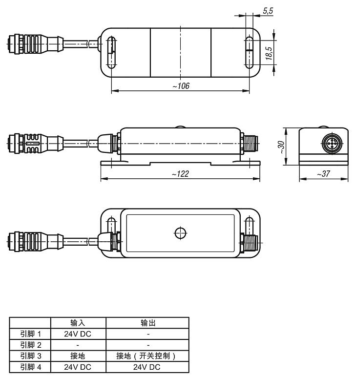 运动探测器 PIR 传感器 24V DC，带有 M12 A 编码插头/插座