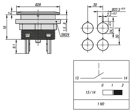 照明按钮，内置款式，Ø 22.3 mm
扁插头接口，紧凑型
