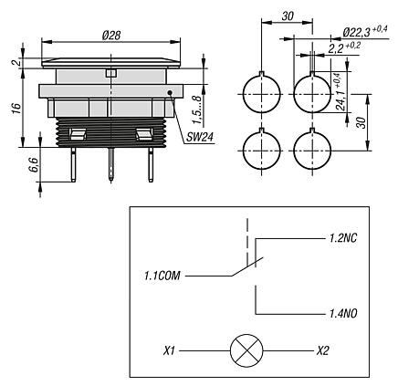 发光按钮，触动式，内置款式，Ø 22.3 mm
扁插头接口，紧凑型