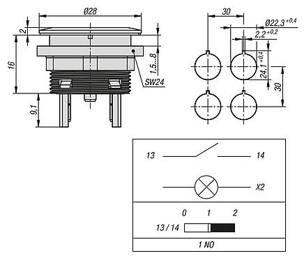 带环形照明的按键，内置款式，Ø 22.3 mm
扁插头接口，紧凑型