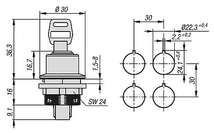 Lockable switch, snap-action, installation version, Ø 22.3 mm,
flat tab connection, compact