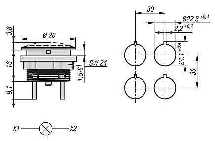 信号灯 LED，内置款式，Ø 22.3 mm
扁插头接口，紧凑型
