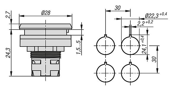 薄膜按钮，内置款式，Ø 22.3 mm 用于接触元件的 RRJ 型