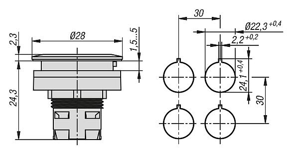 按钮，内置款式，Ø 22.3 mm 用于接触元件的 RRJ 型