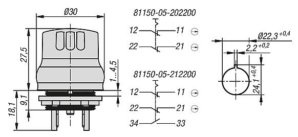 Emergency stop button built-in version Ø 22.3 mm flat plug connection for hygienic areas