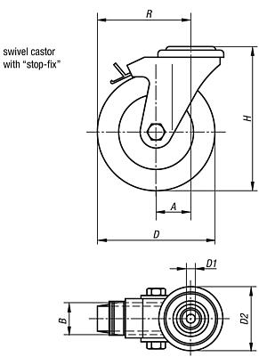 Appliance swivel castors with stop fix, electrically conductive, with rubber tread, standard version