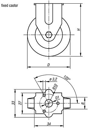 Appliance fixed castors with solid rubber tyres, standard version