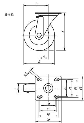钢板转向轮，导电，带橡胶胎面，重型规格
