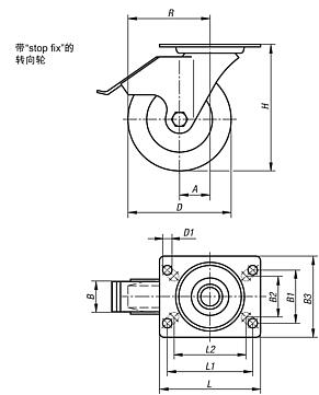 带“stop fix”钢板转向轮，导电，带橡胶胎面，标准型