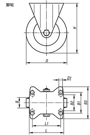 带硫化弹性实心橡胶轮胎的钢板脚轮，标准型