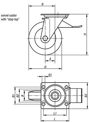 Steel plate swivel castors with stop-top, steel wire reinforced elastic solid rubber tyres, heavy duty version
