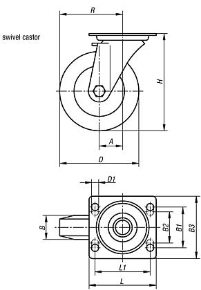 Steel plate swivel castors with abrasion resistant polyurethane tread, standard version
