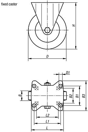 Steel plate fixed castors with polyurethane elastomer tread, heavy duty version