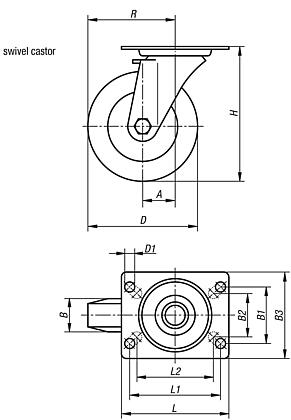 Steel plate swivel castors with polyurethane elastomer tread, heavy duty version