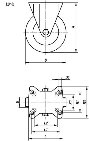 带弹性实心橡胶胎面钢板脚轮，中型规格