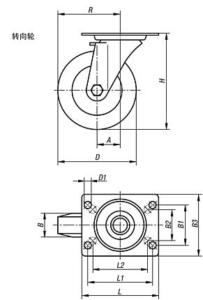 带弹性实心橡胶胎面钢板转向轮，中型规格