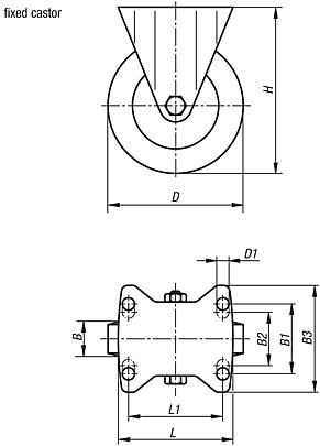 Steel plate fixed castors with Extrathane® tread, medium load version