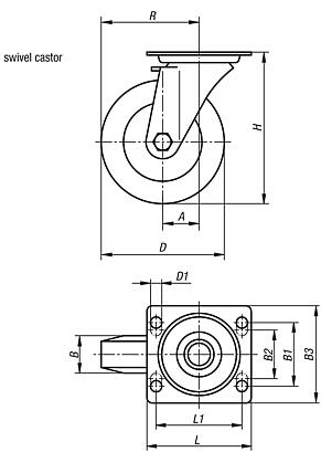 Steel plate swivel castors with Extrathane® tread, medium load version