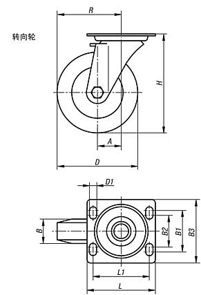 带 Extrathane 胎面钢板转向轮，重型规格