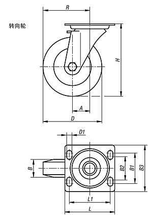 带 Extrathane 胎面焊接钢制转向轮，重型规格