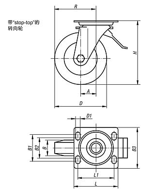 带“stop-top”和 Extrathane 胎面焊接钢制转向轮，重型规格