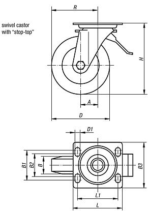 Welded steel swivel castors with stop-top, Extrathane® tread, heavy-duty version