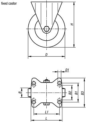 Steel plate fixed castors with polyamide wheels, standard version