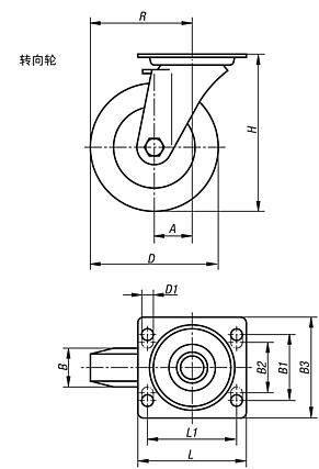 带尼龙轮钢板转向轮，重型规格