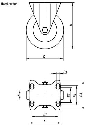 Steel plate fixed castors with polyamide wheels, heavy duty version