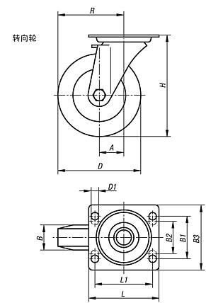 带尼龙轮钢板转向轮，重型规格，滑动轴承和滚珠轴承