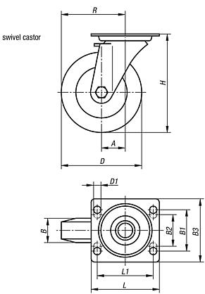 Steel plate swivel castors with polyamide wheels, heavy duty version, plain and ball bearings