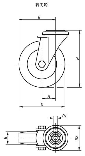 不锈钢转向轮，带螺栓孔，带聚氨酯弹性体胎面，用于无菌环境