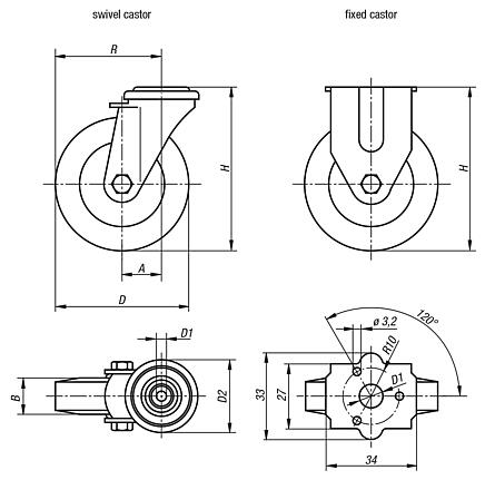 Appliance swivel and fixed castors, electrically conductive, with rubber tread, standard version