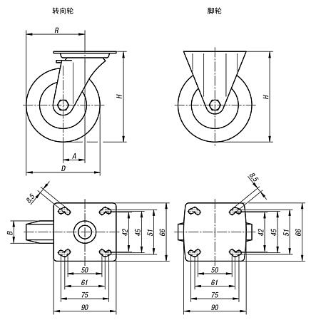 钢板转向轮和脚轮，导电，带橡胶胎面，重型规格