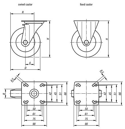 Steel plate swivel and fixed castors, electrically conductive with rubber tread, heavy duty version