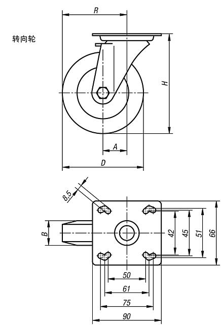 带标准实心橡胶轮胎的钢板转向轮，重型规格