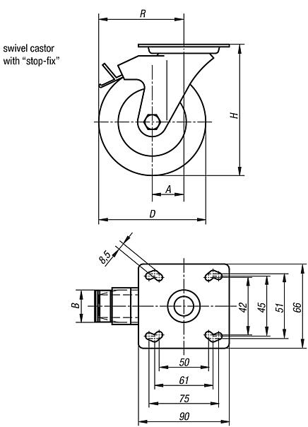 Steel plate swivel castors with stop-fix, standard solid rubber tyres, heavy duty version