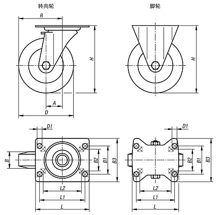 钢板转向轮和脚轮，导电，带橡胶胎面，标准型