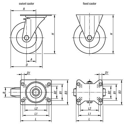 Steel plate swivel and fixed castors, electrically conductive with rubber tread, standard version