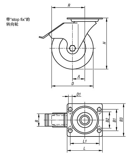 带“stop fix”和实心橡胶轮胎钢板转向轮，标准型