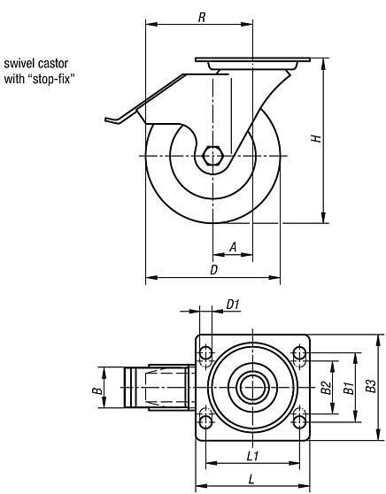 Steel plate swivel castors with stop-fix, solid rubber tyres, standard version 