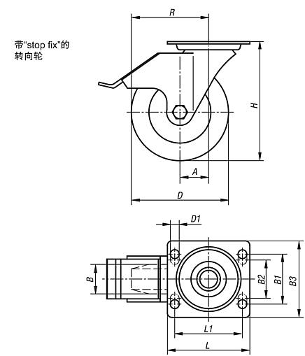 带“stop fix”和硫化弹性实心橡胶轮胎的钢板转向轮，标准型