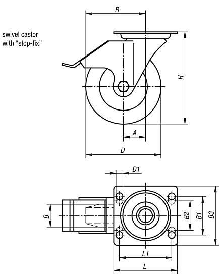 Steel plate swivel castors with stop-fix, abrasion resistant polyurethane tread, standard version