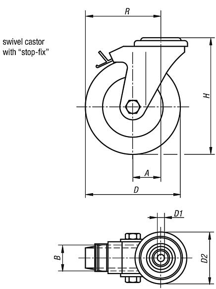 Steel plate swivel castor with bolt hole, with stop fix, with soft rubber tyres
