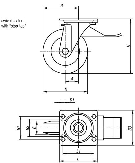 Steel plate swivel castors with stop-top, Extrathane® tread, medium load version