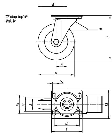 带“stop-top”和 Extrathane 胎面钢板转向轮，重型规格